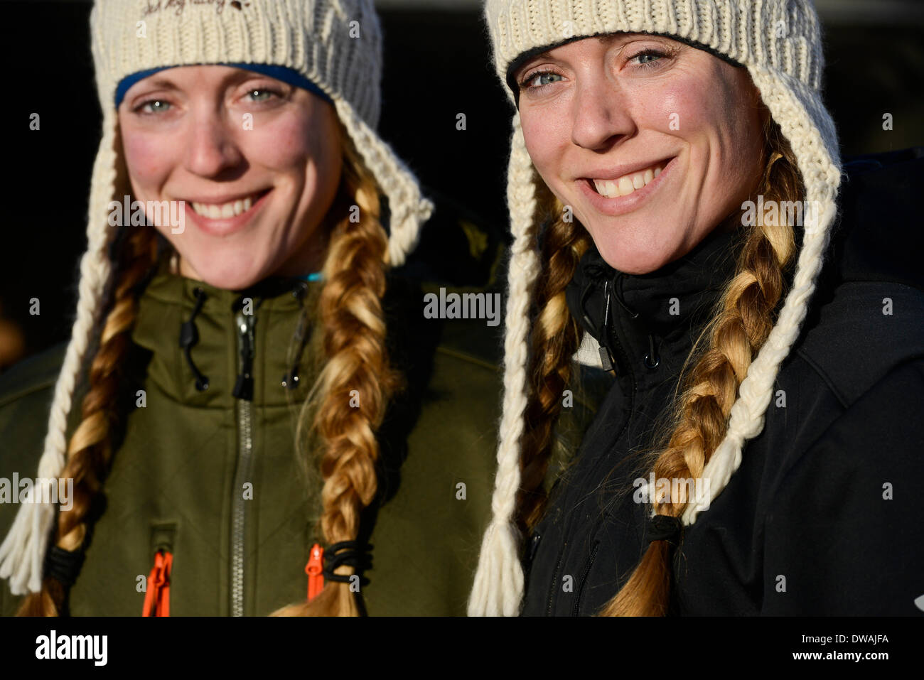 Anchorage, Alaska, USA. 1st Mar, 2014. Marc Lester / Anchorage Daily News .Anna Berington and her twin sister Kristy Berington stand together downtown. Sixty-nine mushers and their dog teams celebrated the start of the 2014 Iditarod Trail Sled Dog Race by greeting fans and taking a ceremonial ride across Anchorage on Saturday, March 1, 2014. Credit:  Marc Lester/Anchorage Daily News/ZUMAPRESS.com/Alamy Live News Stock Photo