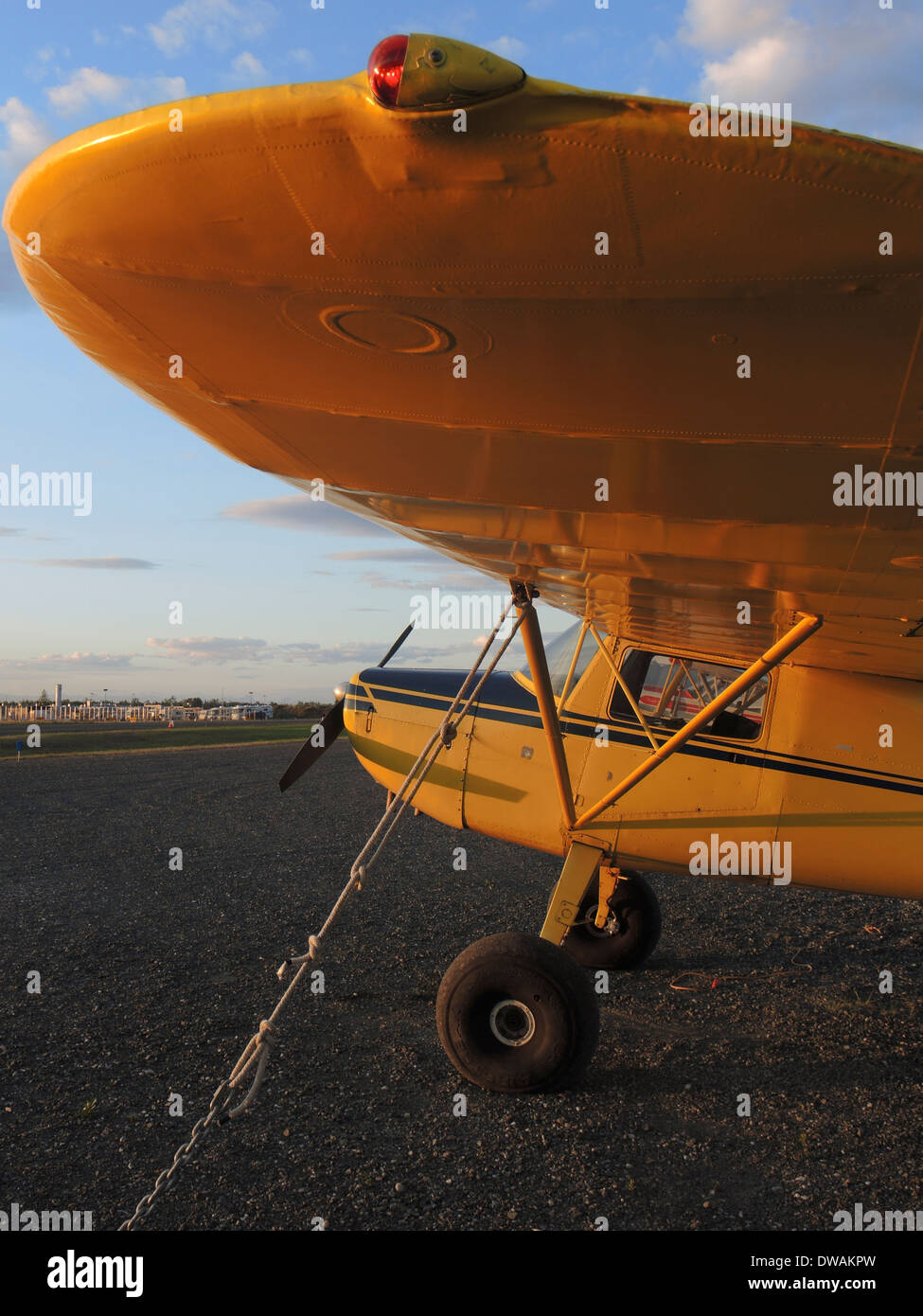 Yellow Cessna 120 tied down at sunset, Merrill Field, Alaska Stock Photo