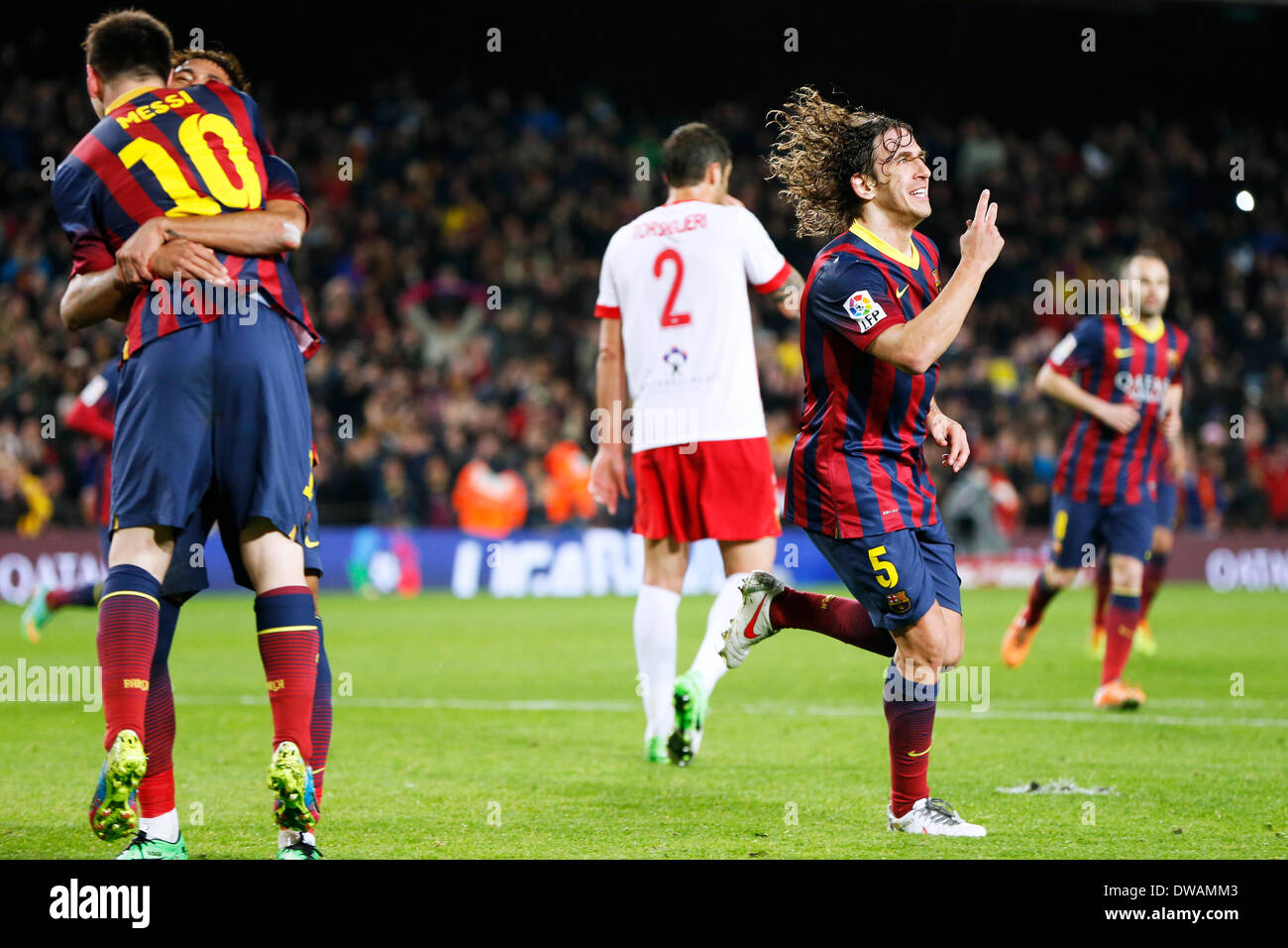 Barcelona, Spain. © D. 2nd Mar, 2014. Carles Puyol (Barcelona) Football / Soccer : Carles Puyol of Barcelona celebrates after scoring their 3rd goal during the Spanish Primera Division 'Liga BBVA' match between FC Barcelona 4-1 Almeria at Camp Nou in Barcelona, Spain. © D .Nakashima/AFLO/Alamy Live News Stock Photo