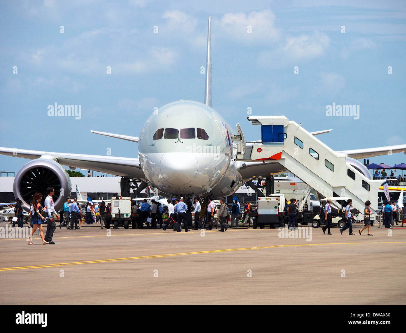 Qatar Airways' Boeing 787 Dreamliner at the 2014 Singapore Airshow Stock Photo