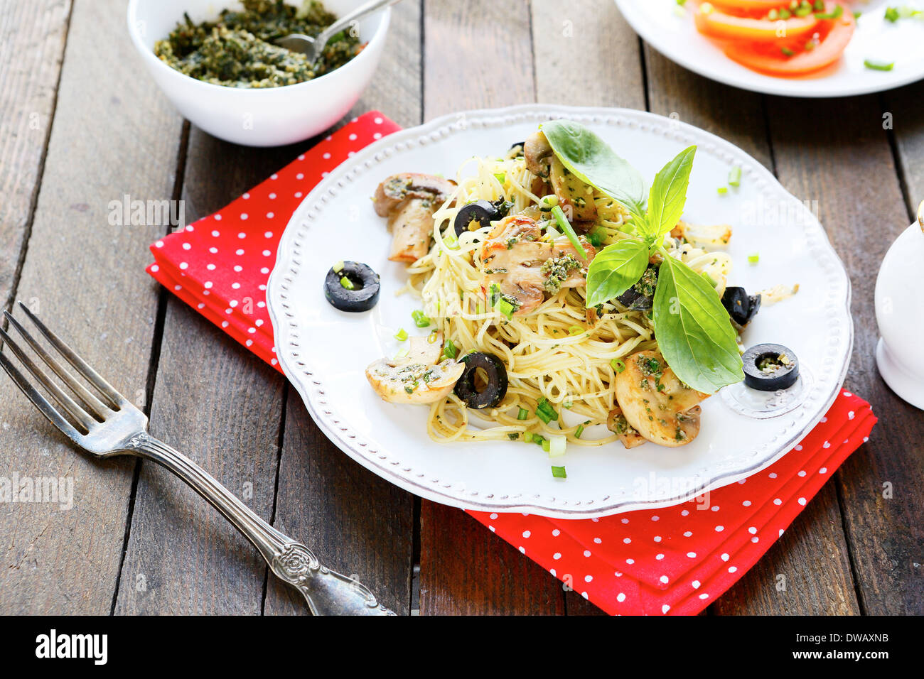 pasta with roasted mushrooms, food closeup Stock Photo