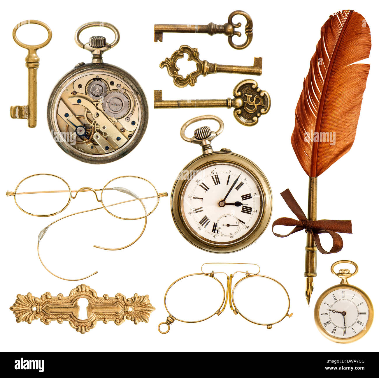 set of golden antique objects. old keys, clock, ink feather pen, nostalgic glasses isolated on white background Stock Photo