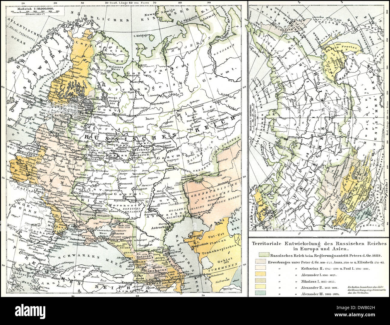 Historical map of territories of Russia, 19th Century, Stock Photo