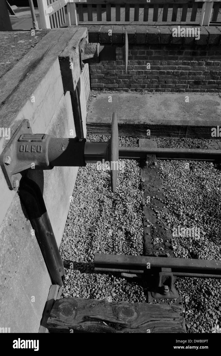 Railway siding buffer in monochrome. Stock Photo