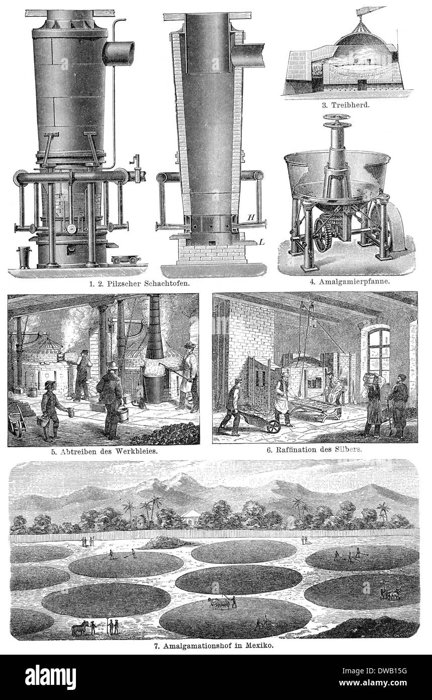 Historical illustration, 19th Century, machines for silver processing, Stock Photo