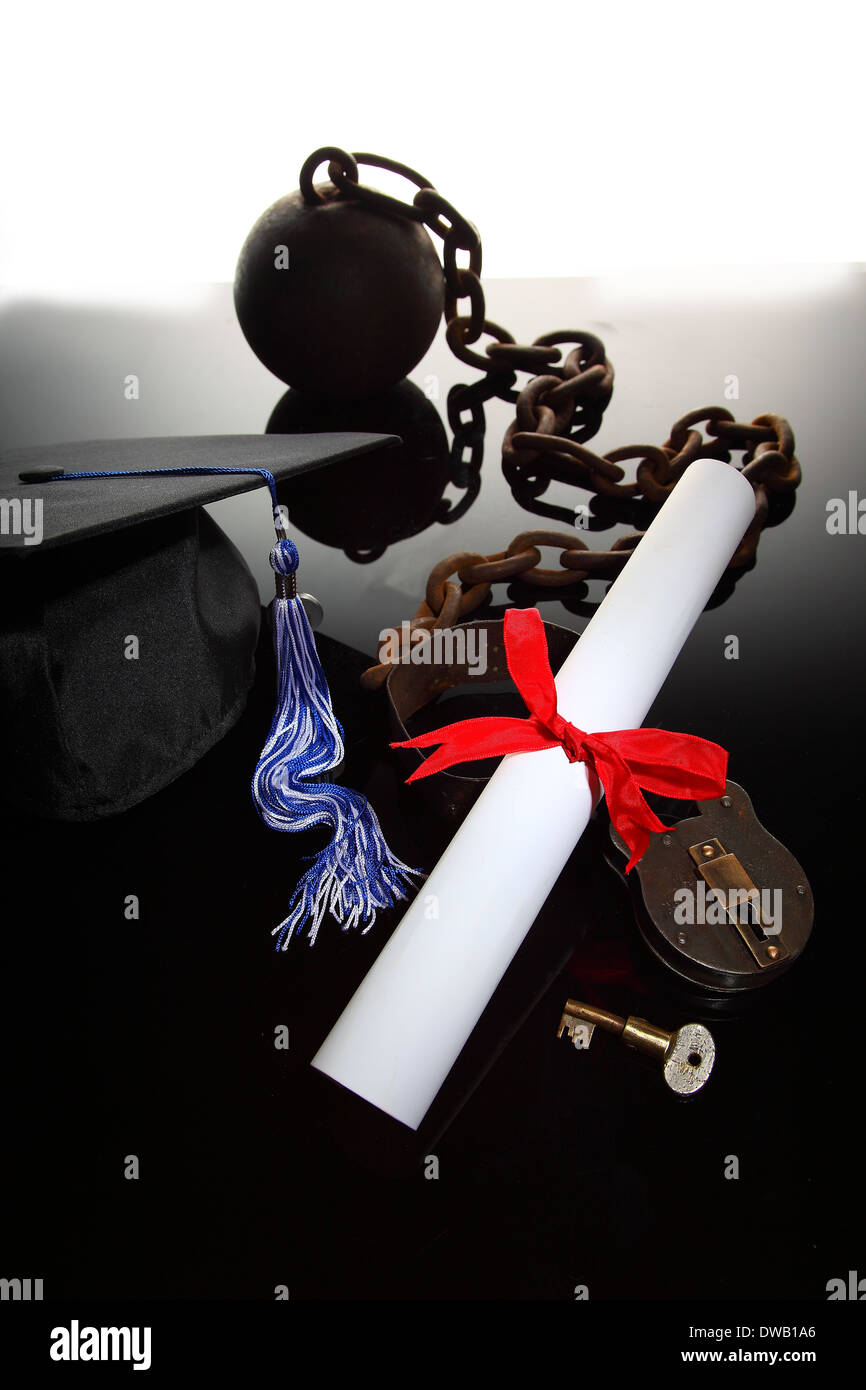 Graduation still life Scroll, mortarboard,  Metal Key and Ball and chain Stock Photo