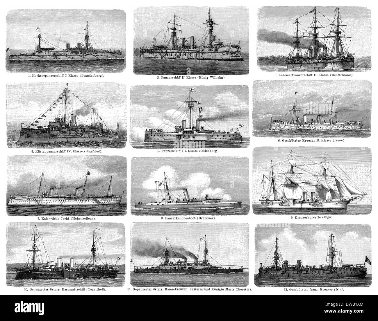 Historical illustration, 19th Century, Different types of warships, Stock Photo