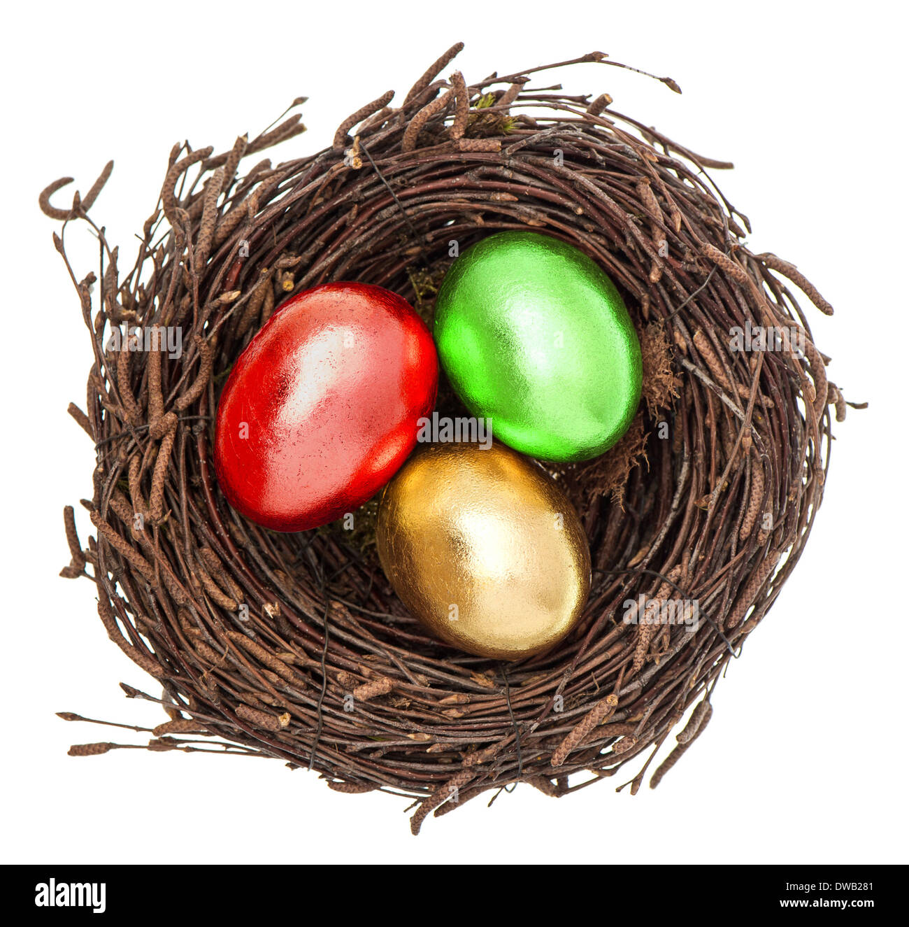 easter eggs in gold, red, green isolated on white background Stock Photo