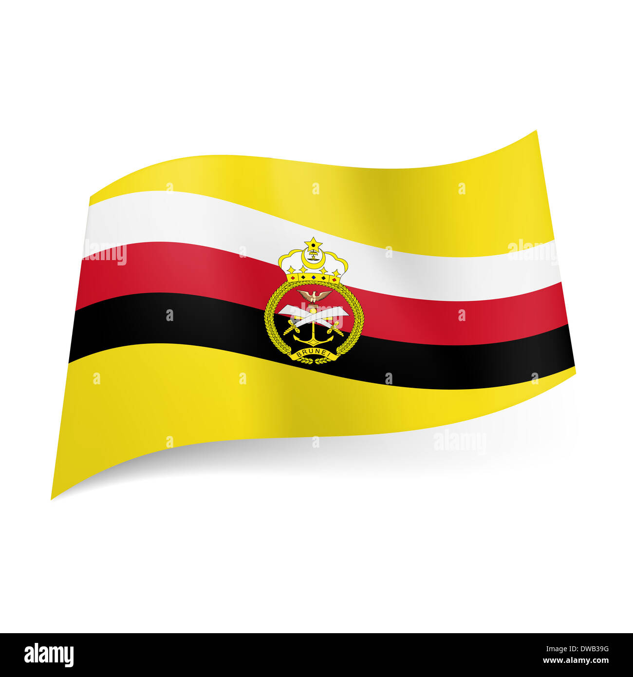 Armed Forces flag of Brunei: diagonal white, red and black horizontal stripes on yellow field with Armed Forces badge in centre Stock Photo