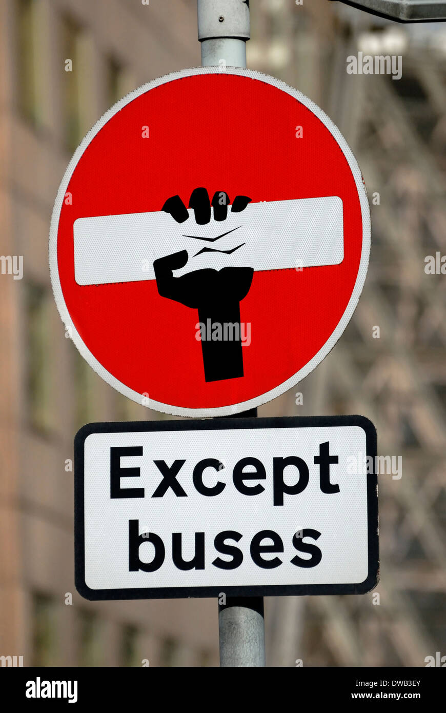 London, England, UK. Defaced traffic sign 'No Entry' near London Bridge station (2014) -  by artist Clet Abraham Stock Photo
