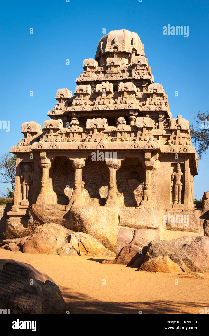 India , Tamil Nadu , Mamallapuram , Mahabalipuram mandapas Kanchipuram Panch five Rathas 7th century Dhamaraja Ratha Harihara Stock Photo