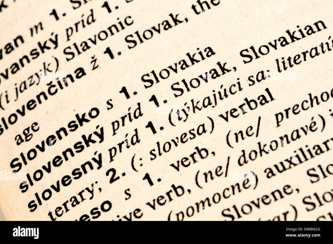 EnglishSlovak dictionary entries for Slovak and Slovakia Stock Photo