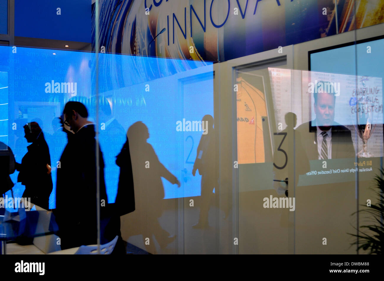 GSMA Mobile World Congress Show in Barcelona  2014 visitors stands and reflexions Stock Photo