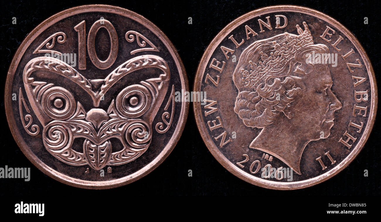 10 cents coin, Maori mask, New Zealand, 2006 Stock Photo