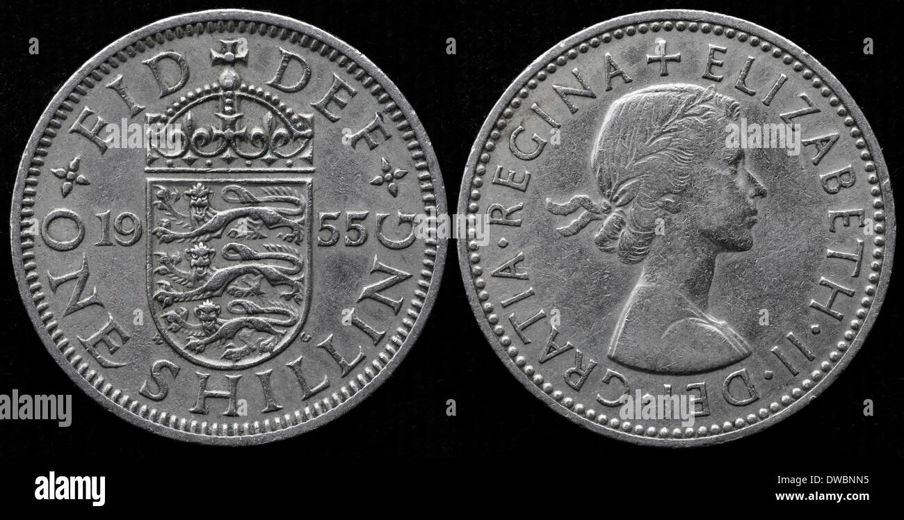 1 Shilling coin, English shield, Queen Elizabeth II, UK, 1955 Stock Photo