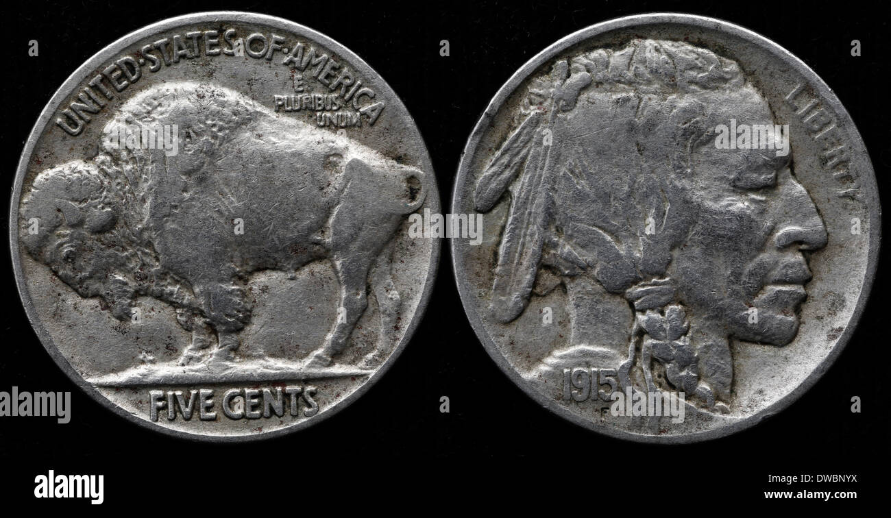 5 cents coin, Buffalo Nickel, USA, 1915 Stock Photo