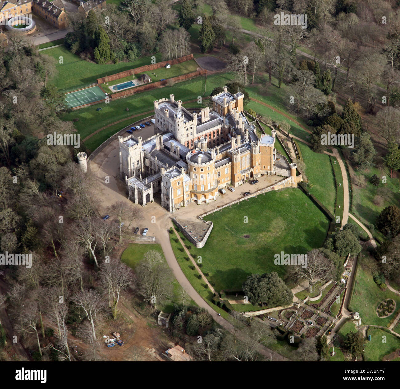 aerial view of Belvoir Castle (pronounced Beaver or Beever) near Grantham Stock Photo