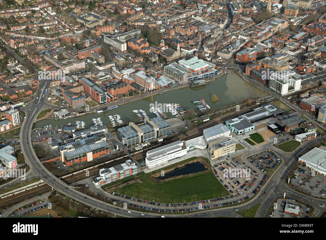 aerial view of Brayford Pool and The University of Lincoln in Lincoln city centre Stock Photo