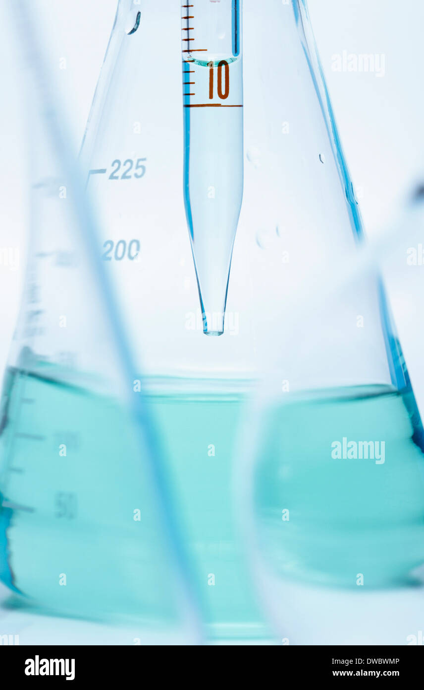 Graduated pipette dropping liquid into Erlenmeyer flask Stock Photo
