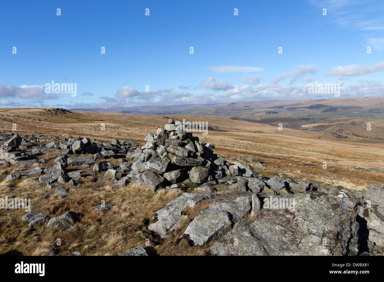 Cairn at the Eastern End of Carrs Top with the View West Over Weardale County Durham UK Stock Photo