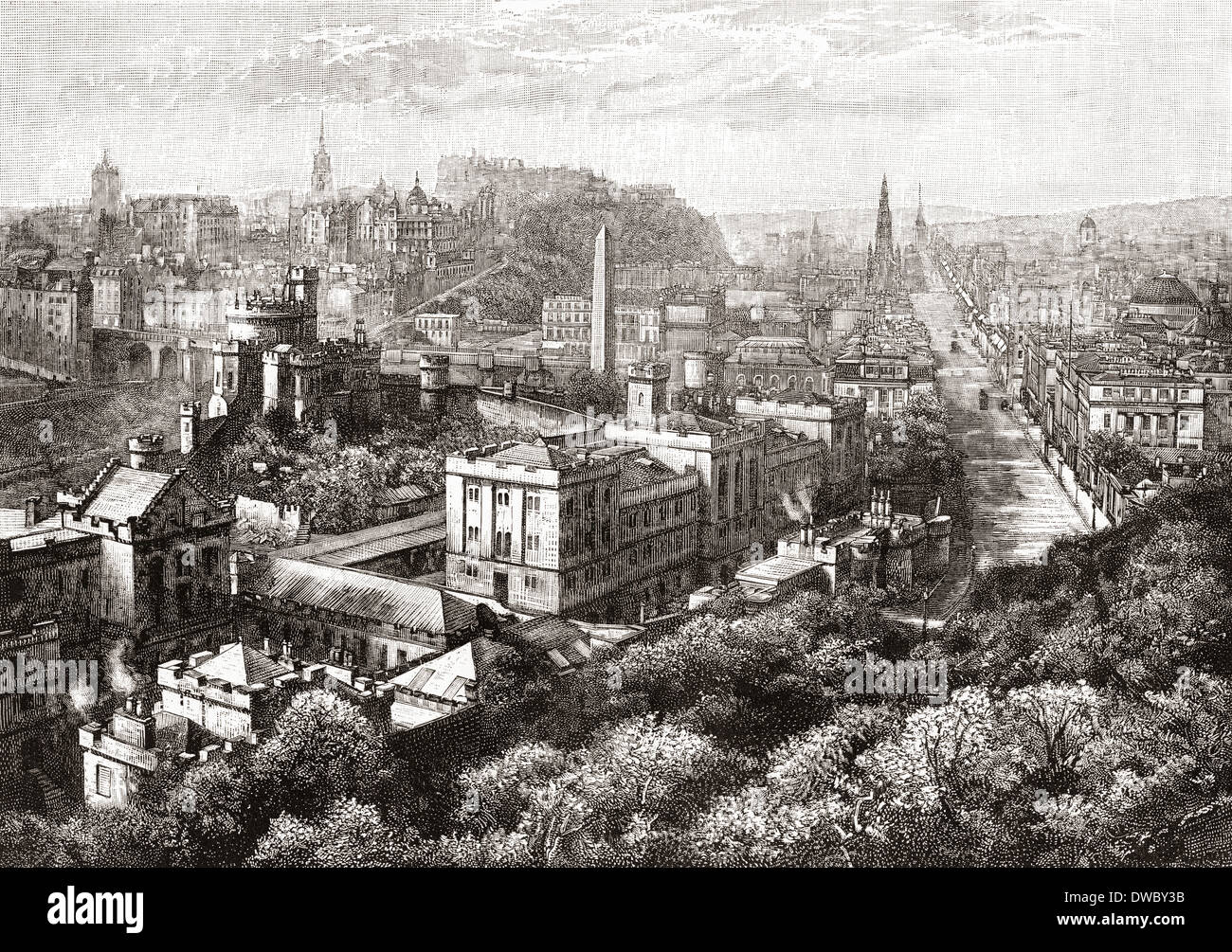 View of Edinburgh, Scotland from the Calton Hill in the 19th century. Stock Photo