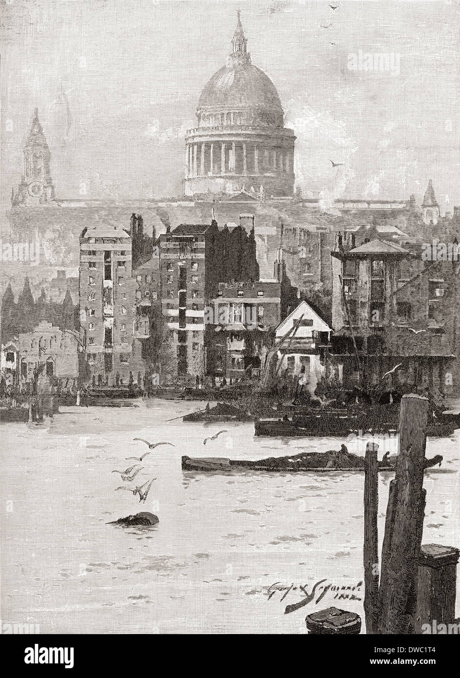 St. Paul's Cathedral from the Surrey shore, London, England in the 19th century. Stock Photo