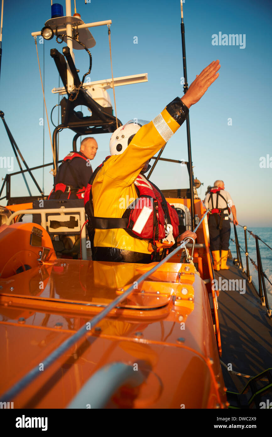 Lifeboat crew training on lifeboat Stock Photo
