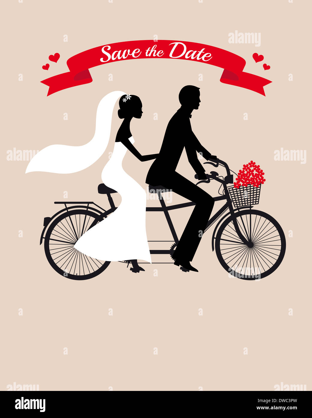 wedding, save the date, bride and groom on tandem bicycle Stock Photo