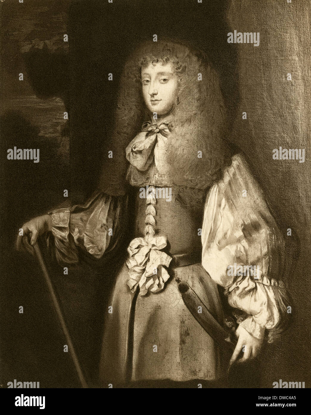 Antique engraving, Frances Teresa Stewart, Duchess of Richmond dressed in men's clothing and wearing a doublet like a soldier. Stock Photo