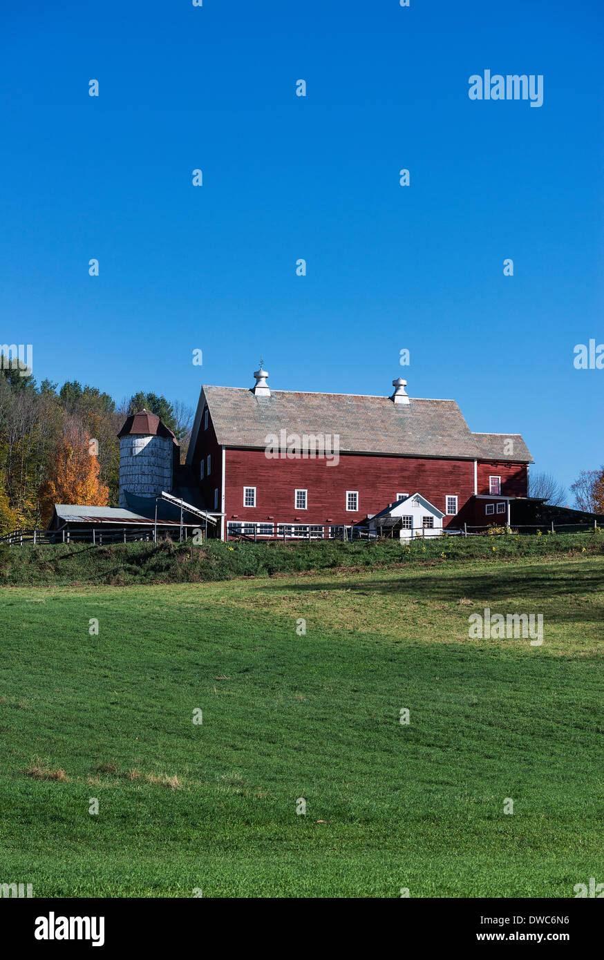 Barn and farm with snow covered field, Vermont, USA. Stock Photo