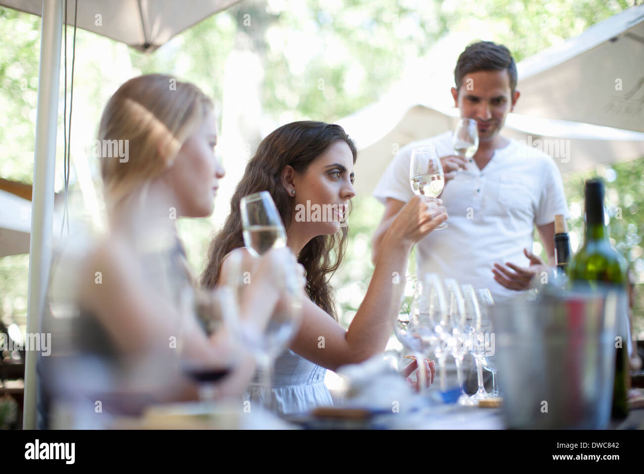 Young friends tasting and looking at wine at vineyard bar Stock Photo