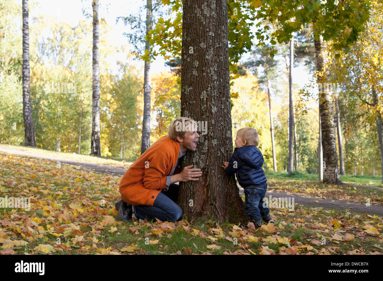 Father and son playing at bottom of tree Stock Photo