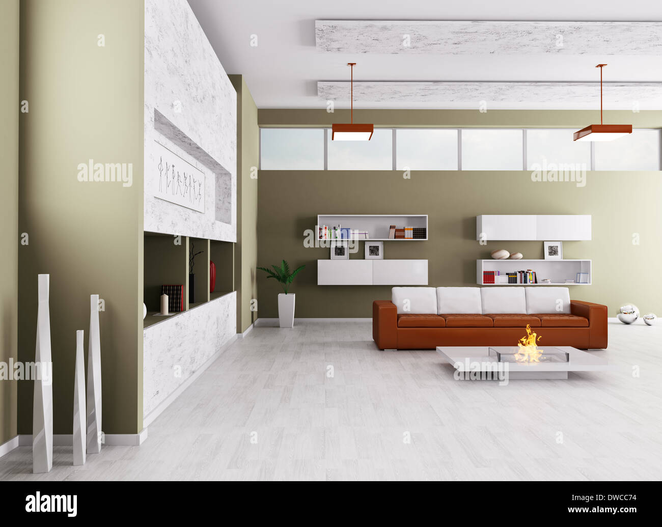 Interior of modern living room with sofa and fireplace 3d render Stock ...