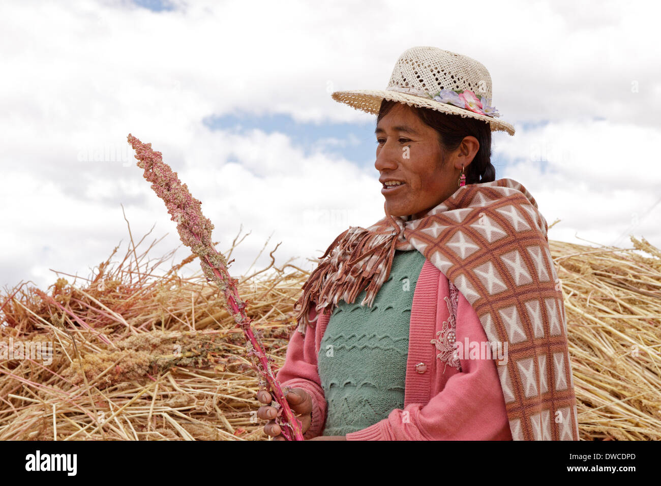 traditionally dressed woman on a farm near Juli holding quinoa in her hand, Puno, Peru, South America Stock Photo