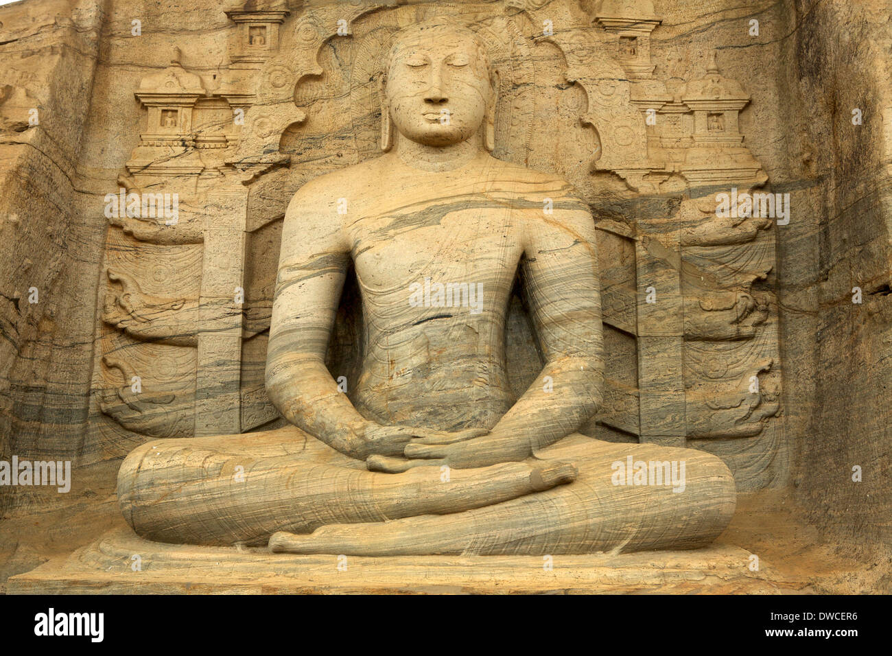 Stone carved seated buddha, Sri Lanka, Asia Stock Photo