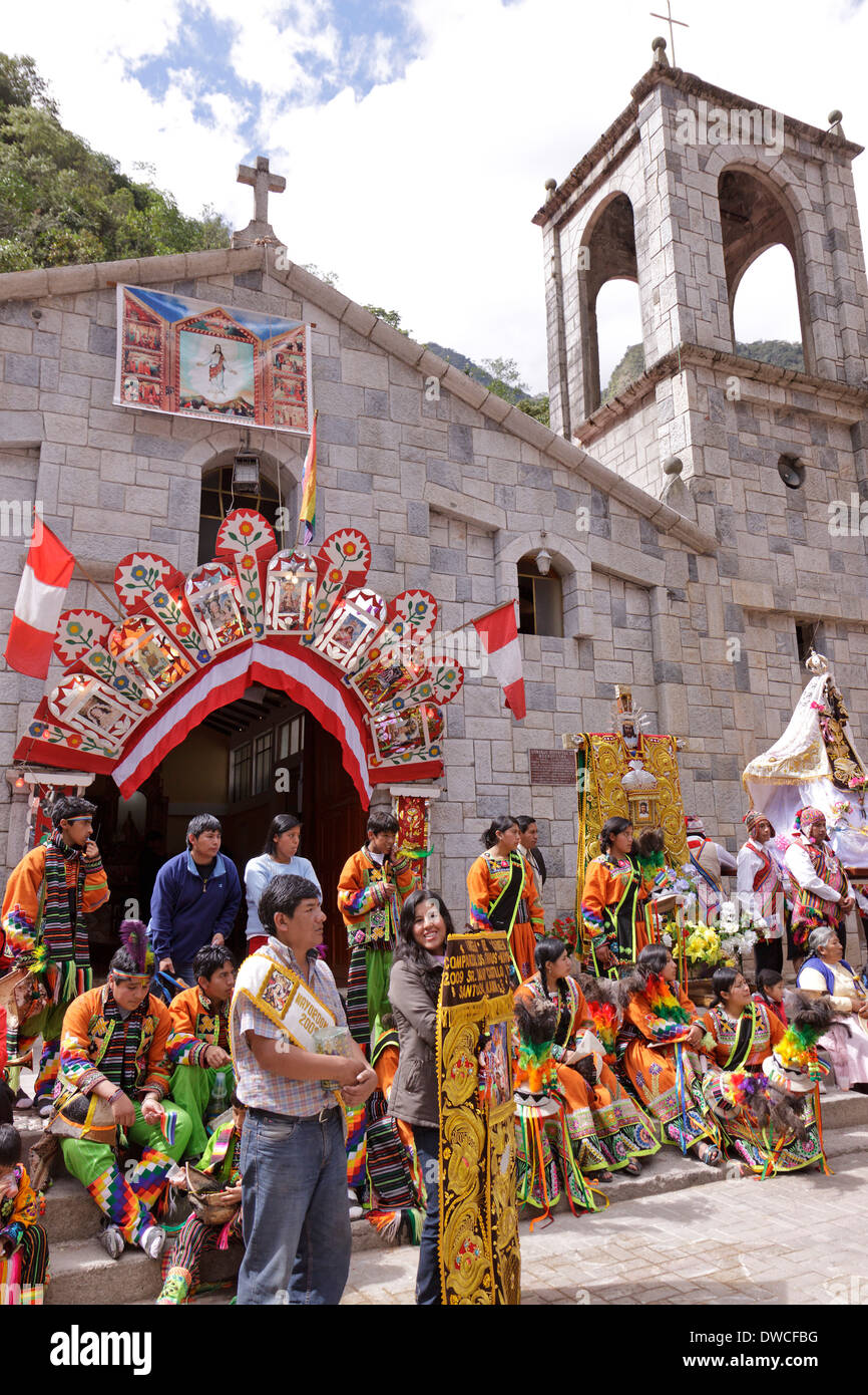 traditional costume parade in Aguas Calientes, Peru, South America Stock Photo