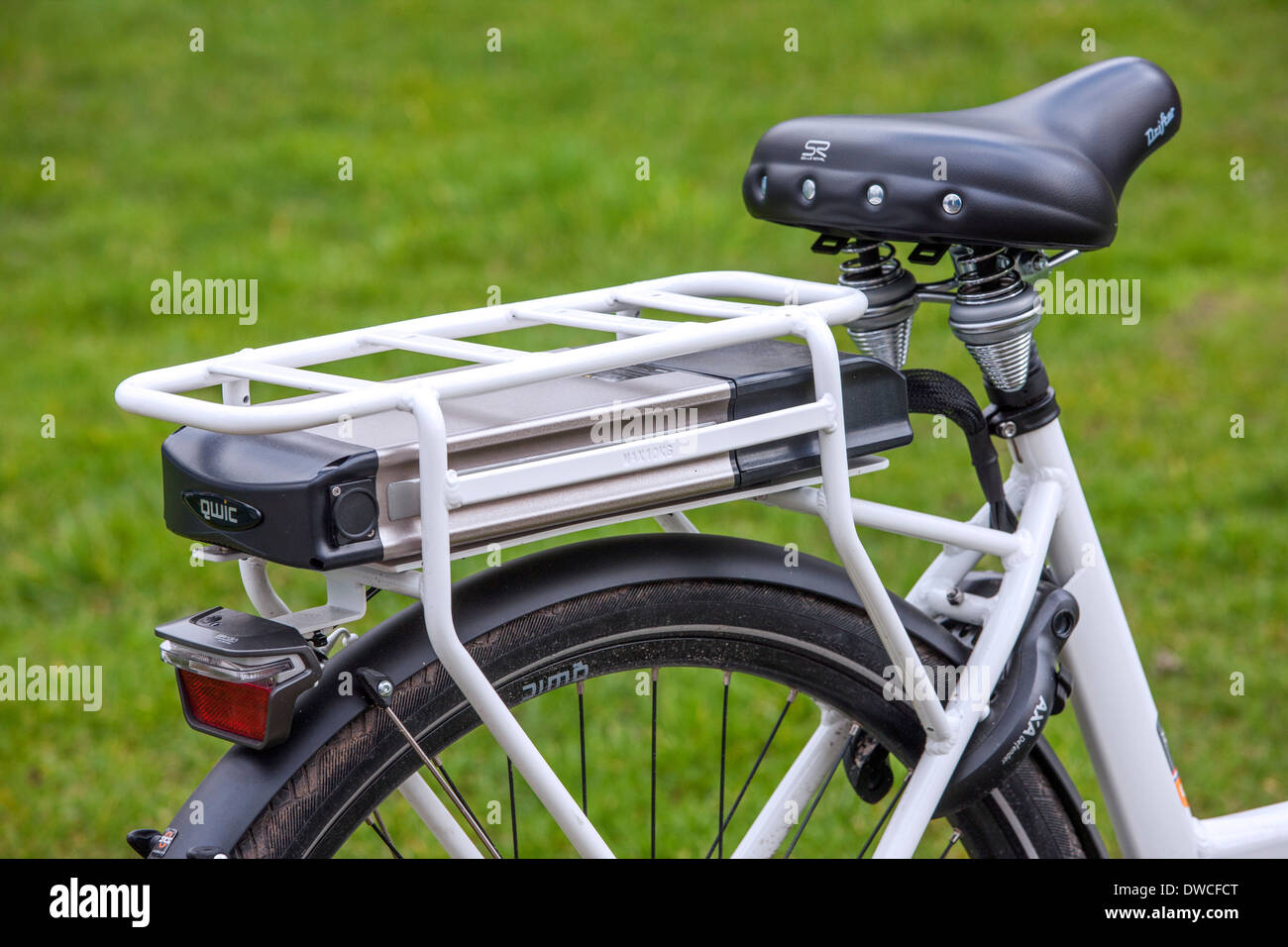 Li-ion battery pack placed under rear carrier rack of pedelec / e-bike / electric bicycle Stock Photo