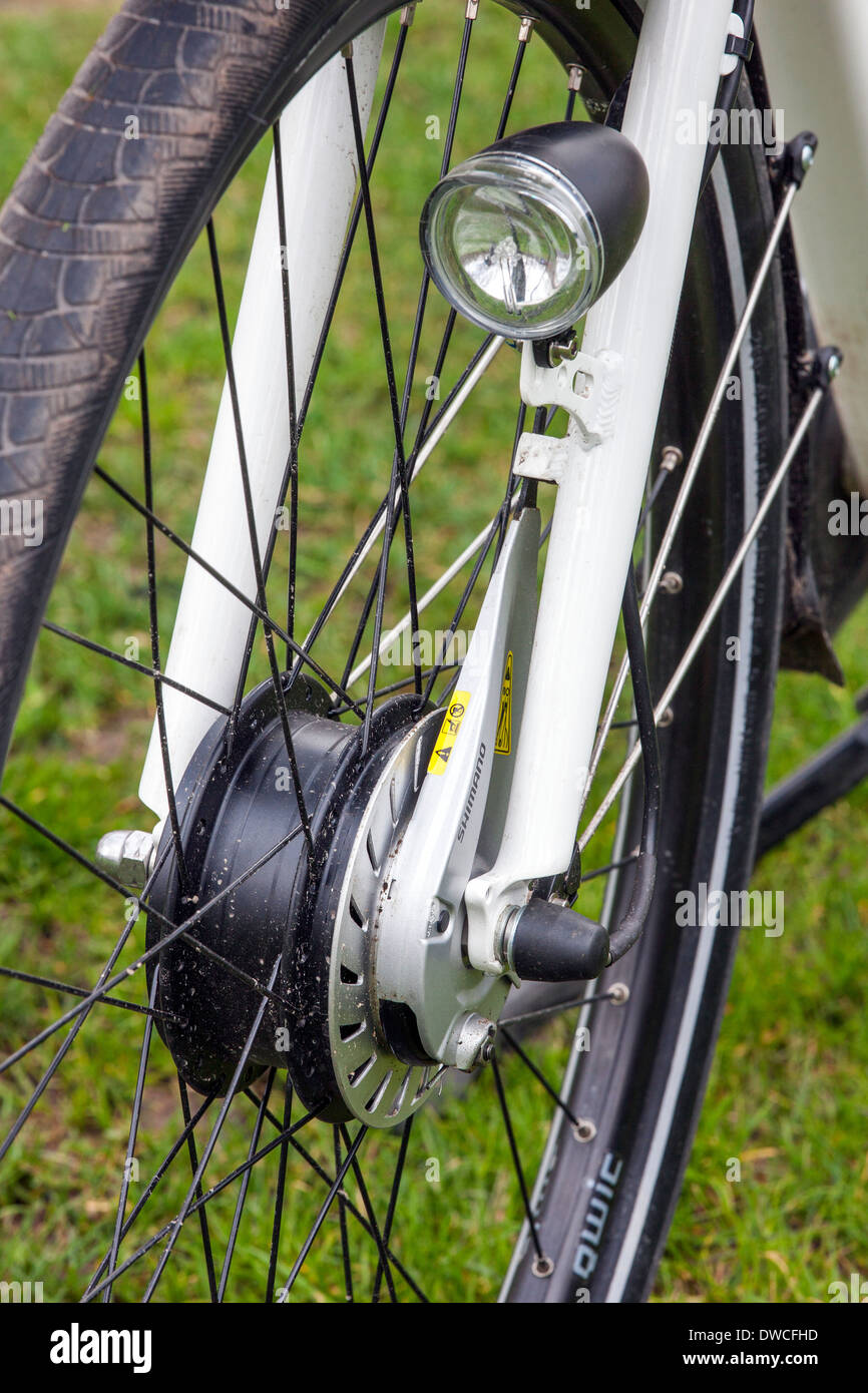 Front wheel hub and light of pedelec / e-bike / electric bicycle Stock Photo