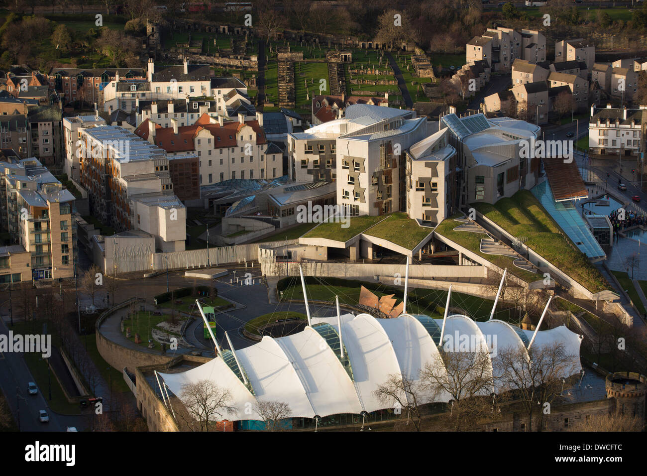 View of the Scottish Parliament and the Dynamic Earth visitor attraction from Salisbury Crags in Edinburgh, Scotland Stock Photo