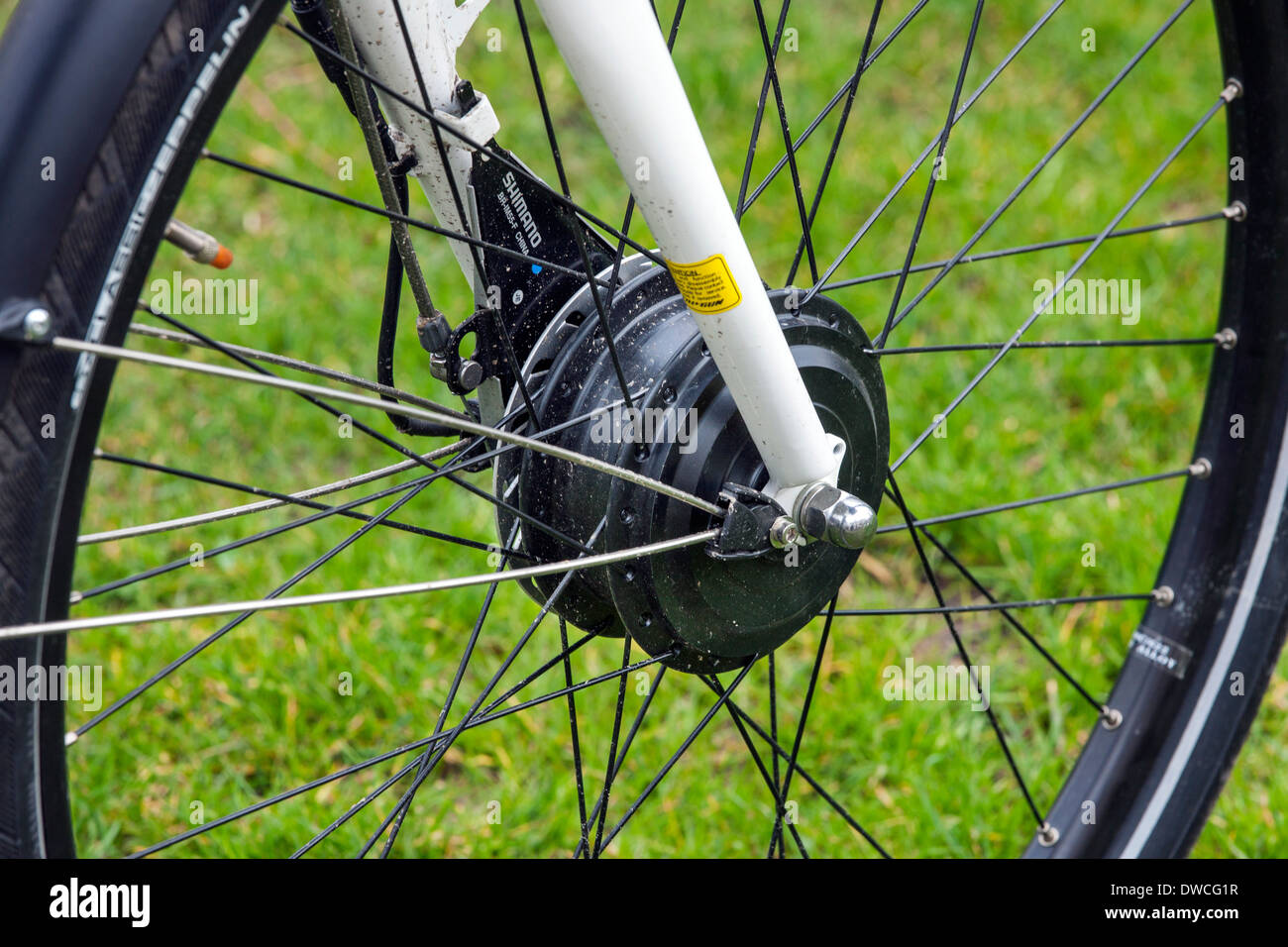 Front wheel hub of pedelec / e-bike / electric bicycle Stock Photo