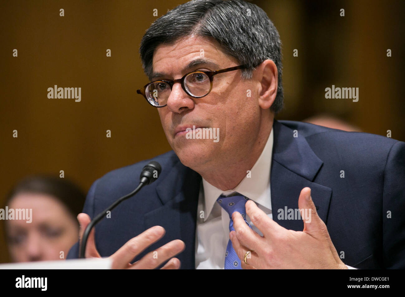 Washington DC, USA. 5th March 2014. Treasury Secretary Jack Lew testifies before the Senate Finance Committee during a hearing on the President's FY2015 Budget in Washington, D.C. on March 5, 2014. Credit:  Kristoffer Tripplaar/Alamy Live News Stock Photo