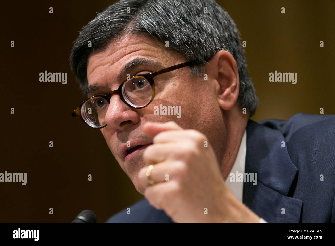 Washington DC, USA. 5th March 2014. Treasury Secretary Jack Lew testifies before the Senate Finance Committee during a hearing on the President's FY2015 Budget in Washington, D.C. on March 5, 2014. Credit:  Kristoffer Tripplaar/Alamy Live News Stock Photo
