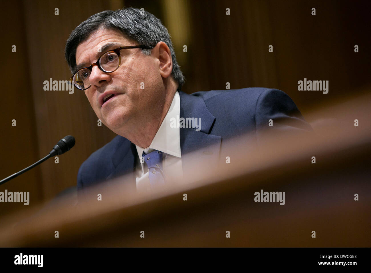 Washington DC, USA. 5th March 2014. Treasury Secretary Jack Lew testifies before the Senate Finance Committee during a hearing on the President's FY2015 Budget in Washington, D.C. on March 5, 2014. Credit:  Kristoffer Tripplaar/Alamy Live News Stock Photo