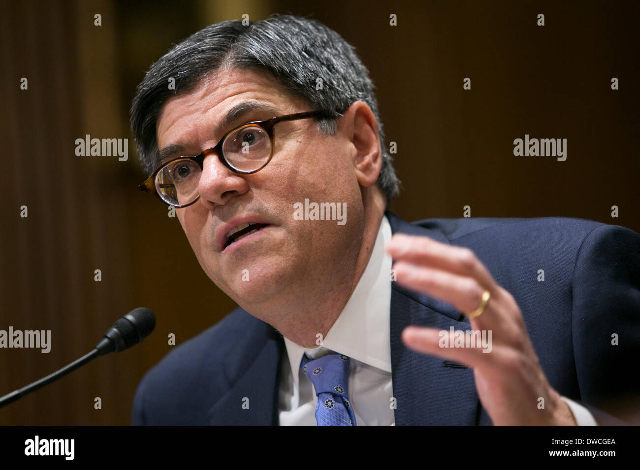 Washington DC, USA. 5th March 2014. Treasury Secretary Jack Lew testifies before the Senate Finance Committee during a hearing on the President's FY2015 Budget in Washington, D.C. on March 5, 2014. Credit:  Kristoffer Tripplaar/Alamy Live News Stock Photo