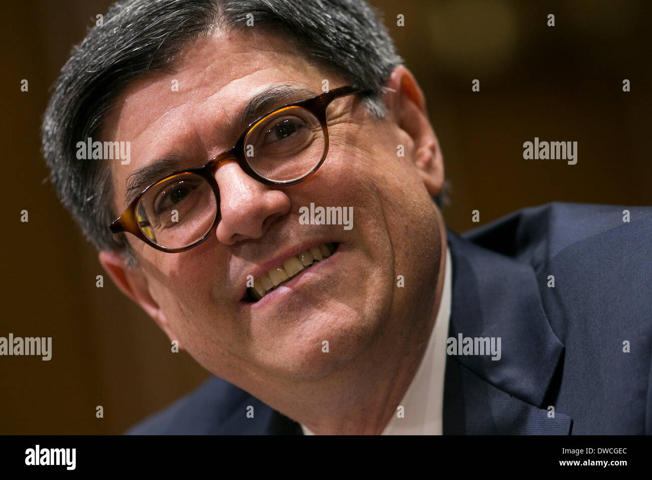 Washington DC, USA. 5th March 2014. Treasury Secretary Jack Lew testifies before the Senate Finance Committee during a hearing on the President's FY2015 Budget in Washington, D.C. on March 5, 2014. Credit:  Kristoffer Tripplaar/Alamy Live News Stock Photo