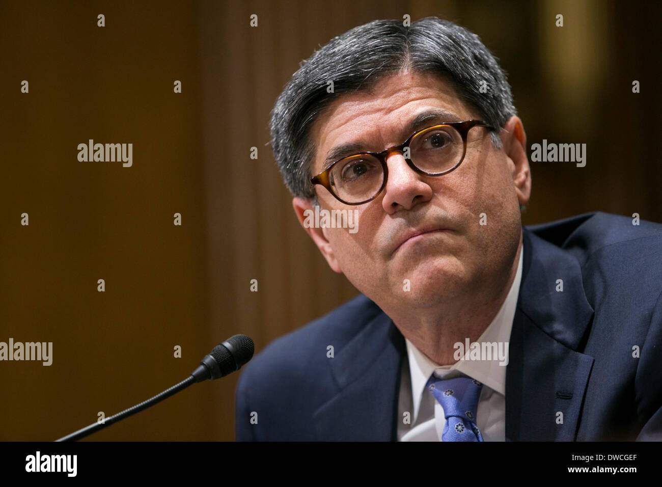 Washington DC, USA. 5th March 2014. Treasury Secretary Jack Lew testifies before the Senate Finance Committee during a hearing on the President's FY2015 Budget in Washington, D.C. on March 5, 2014. Credit:  Kristoffer Tripplaar/Alamy Live News Stock Photo