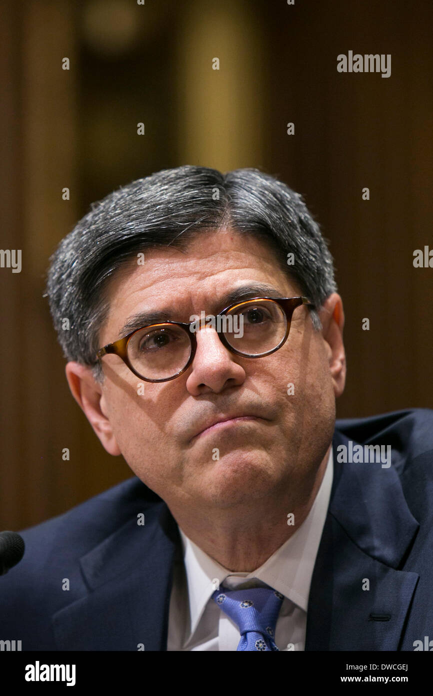 Washington DC, USA. 5th March 2014. Treasury Secretary Jack Lew testifies before the Senate Finance Committee during a hearing on the President's FY2015 Budget in Washington, D.C. on March 5, 2014. Credit:  Kristoffer Tripplaar/Alamy Live News Stock Photo