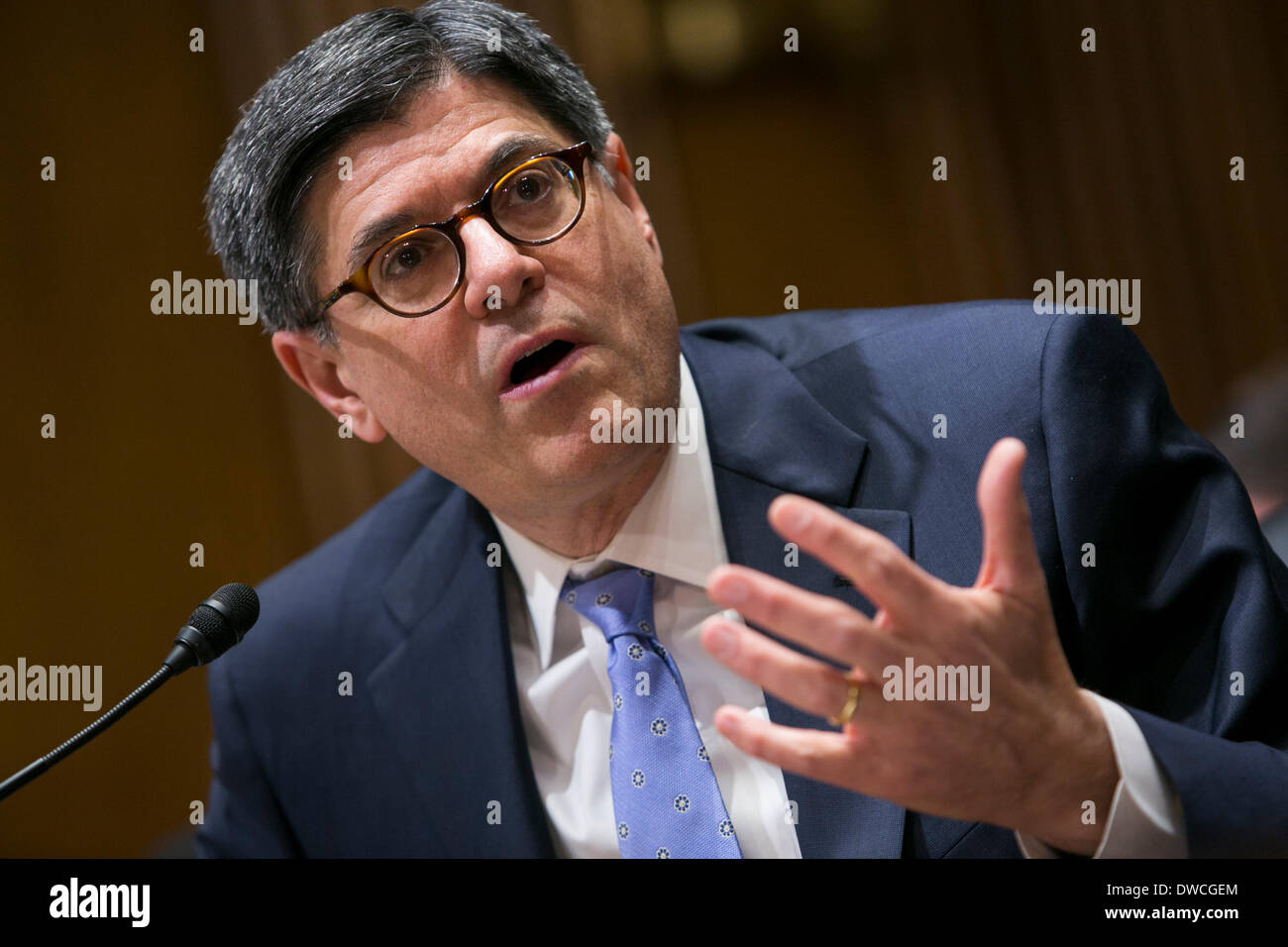 Washington DC, USA. 5th March 2014. Treasury Secretary Jack Lew testifies before the Senate Finance Committee during a hearing on the President's FY2015 Budget in Washington, D.C. on March 5, 2014. Credit:  Kristoffer Tripplaar/Alamy Live News Stock Photo