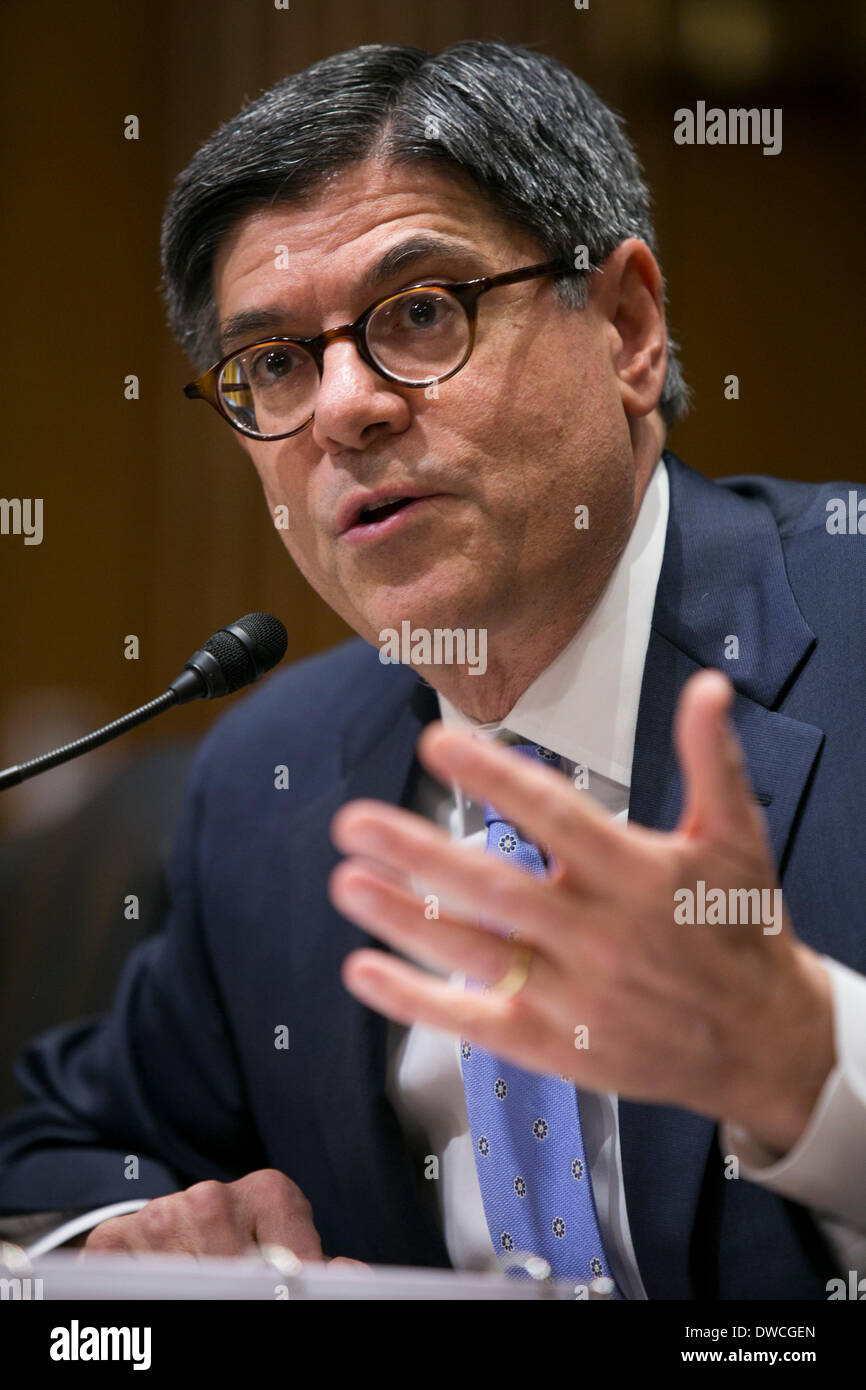 Washington DC, USA. 5th March 2014. Treasury Secretary Jack Lew testifies before the Senate Finance Committee during a hearing on the President's FY2015 Budget in Washington, D.C. on March 5, 2014. Credit:  Kristoffer Tripplaar/Alamy Live News Stock Photo