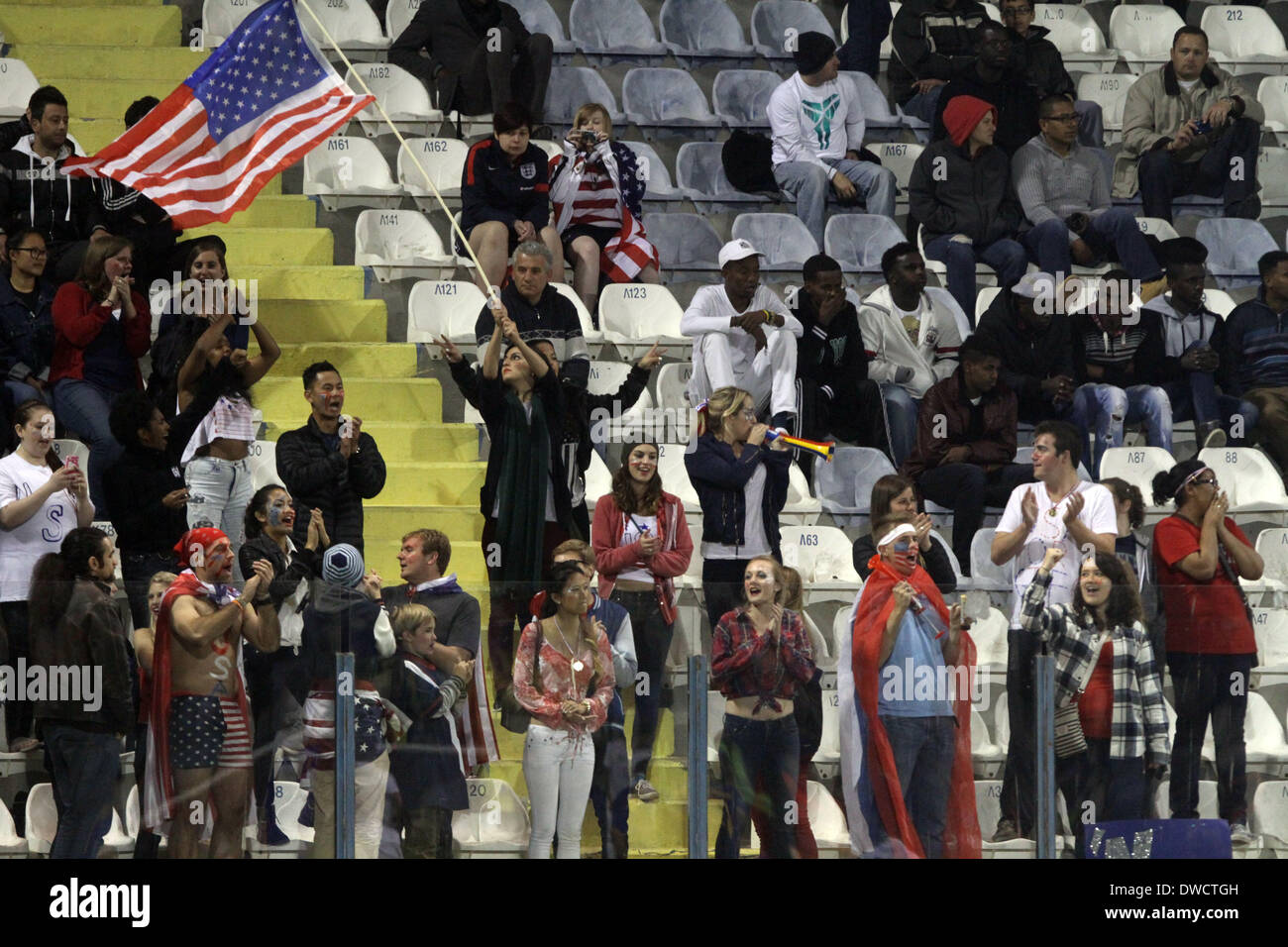 Cyprus, Larnaka- March 05,2014: Usa's fans cheer during the friendly game  between Ukraine  and USA at the Antonis Papadopoulos  stadium in Larnaka on March  05,2014 Credit:  Yiannis Kourtoglou/Alamy Live News Stock Photo